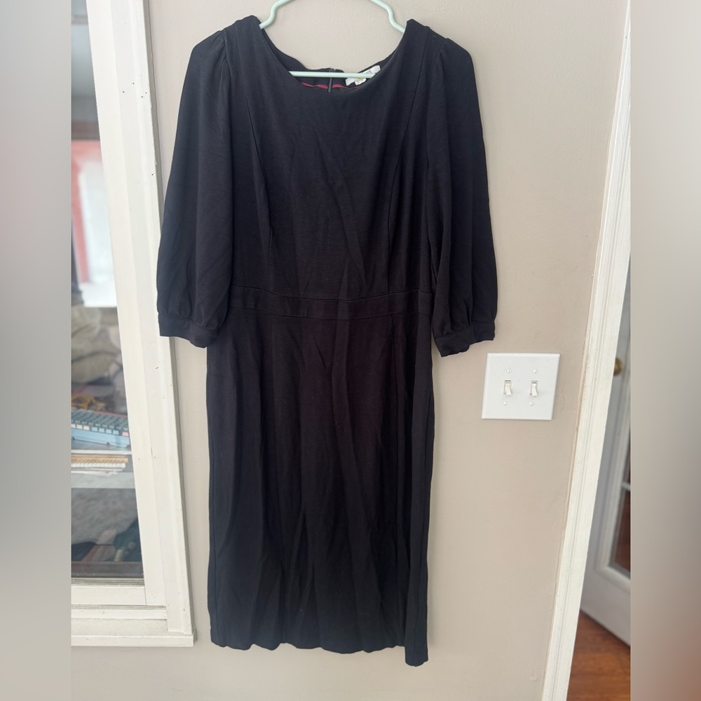 Boden Black Smocked Midi Dress Notch Neckline – Size 16
